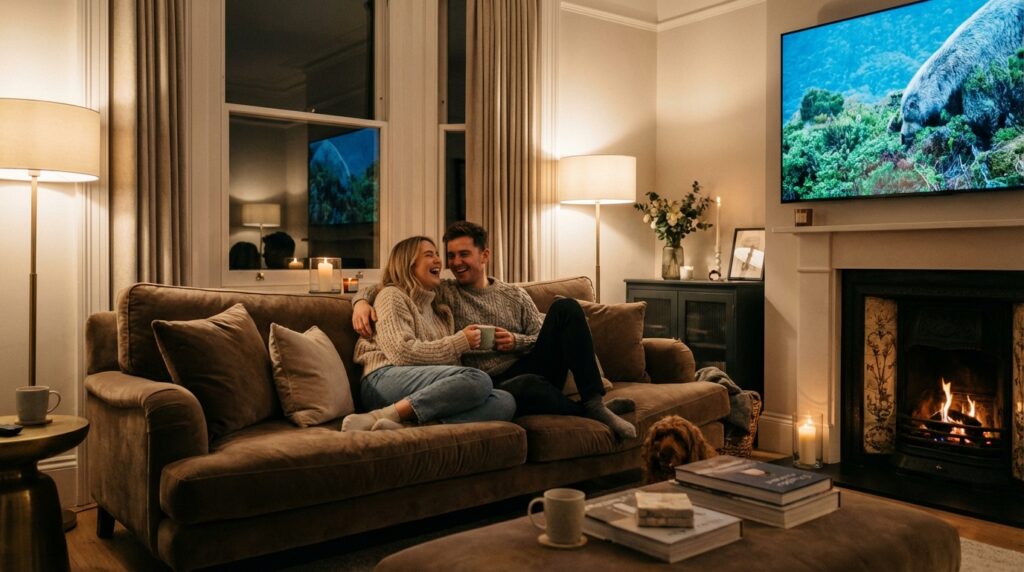 British couple enjoying a high-quality movie experience with a free iptv trial uk