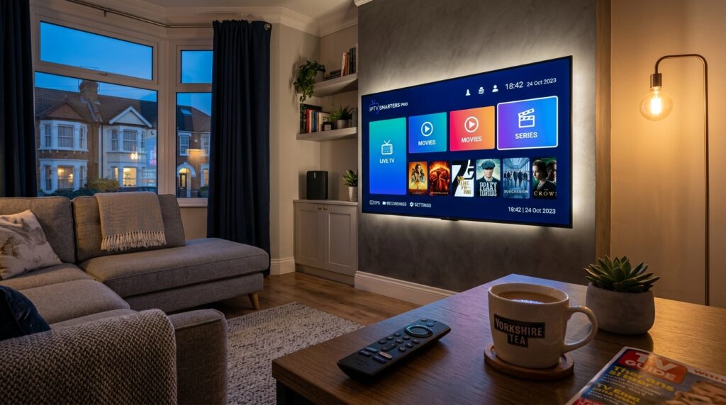 IPTV Smarters Pro best media player interface on a 4K TV in the UK