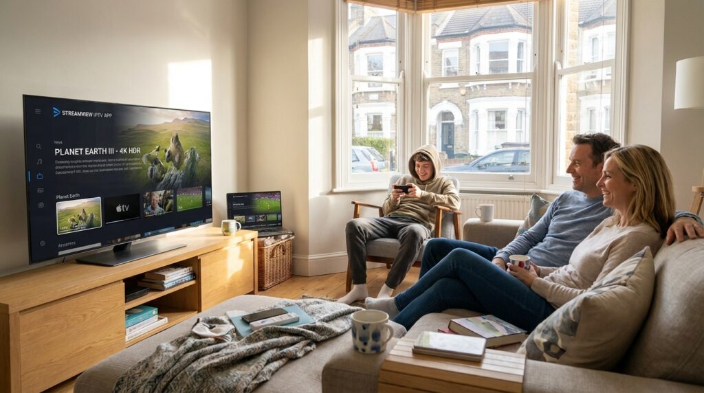 British couple enjoying a buffer-free movie with the best iptv app features