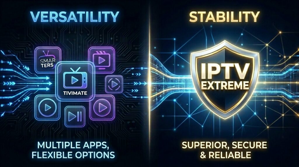  A digital comparison graphic highlighting IPTV Extreme’s stability and compatibility features against other 2026 streaming players.