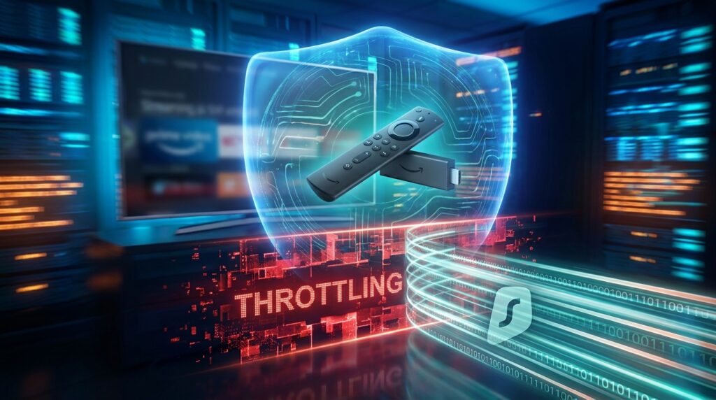  A digital shield protecting a Firestick from ISP throttling, visualizing a secure VPN connection for streaming.