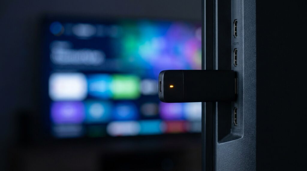 Best IPTV player for FireStick UK 2026 — Amazon FireStick
4K plugged into a smart TV HDMI port with streaming UI in background