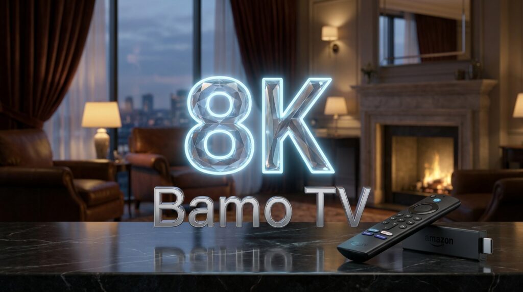 Bamo TV 8K streaming live sports on a large 8K screen via Firestick in a dark home theater — best IPTV subscription for buffer-free 8K viewing in 2026