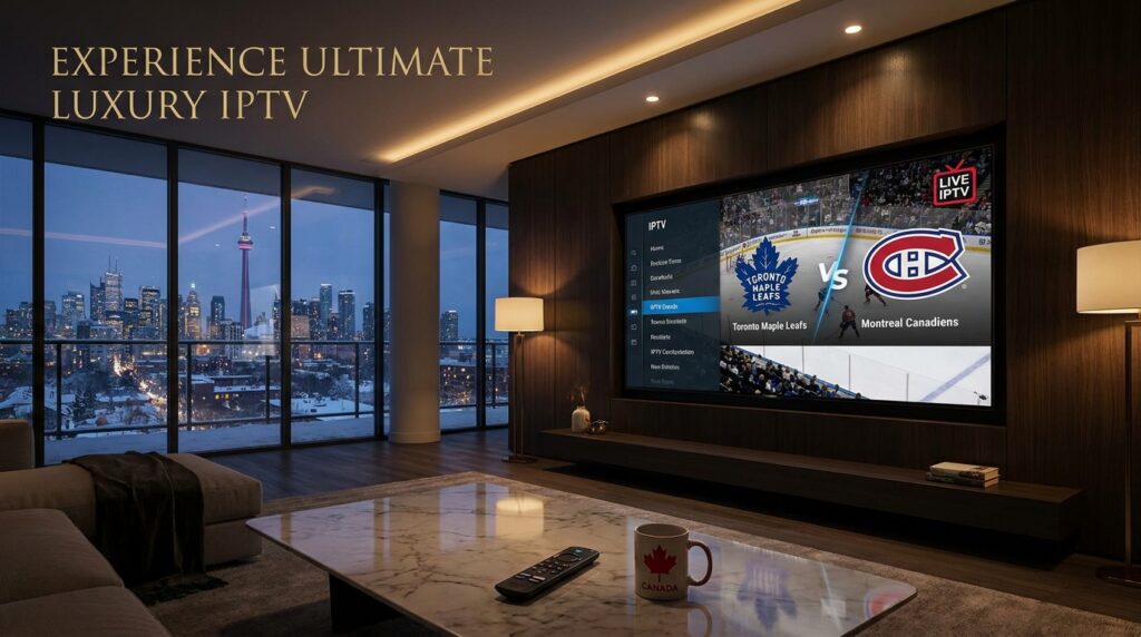 Best IPTV Canadian 2026 hero banner showing 4K NHL streaming in a luxury Toronto penthouse.