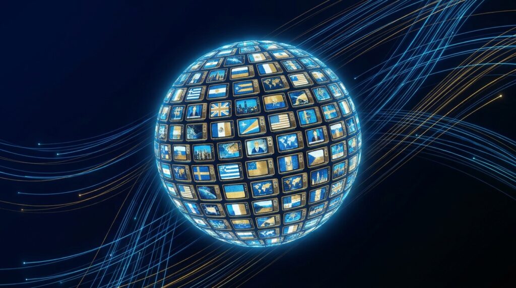 Specialist IPTV provider UK — glowing globe made of
international TV channel tiles representing global streaming content