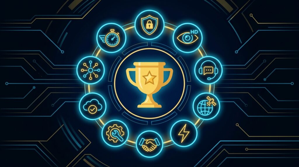 Golden trophy surrounded by icons representing the 10 quality pillars of premium IPTV providers