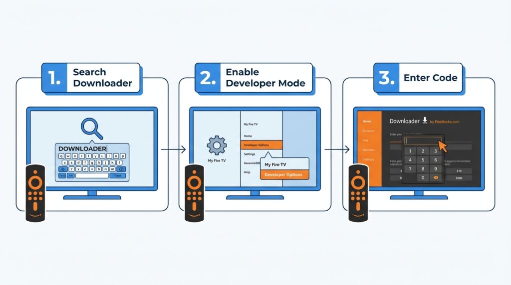 Step-by-step guide to sideloading IPTV apps on Firestick using the Downloader app in 2026, including developer mode setup and install codes.