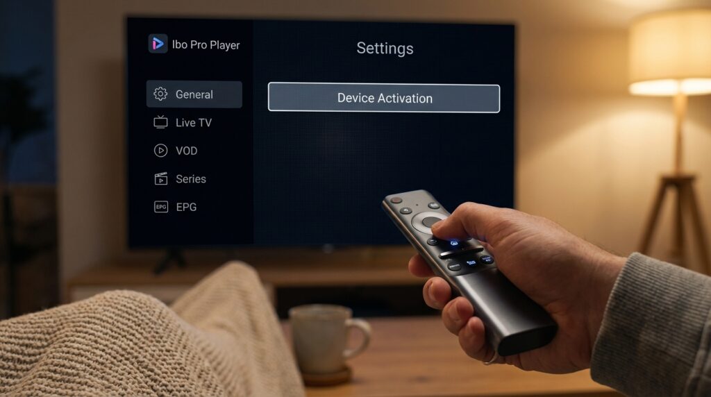 Navigating and activating the Ibo Pro Player interface on a 4K TV