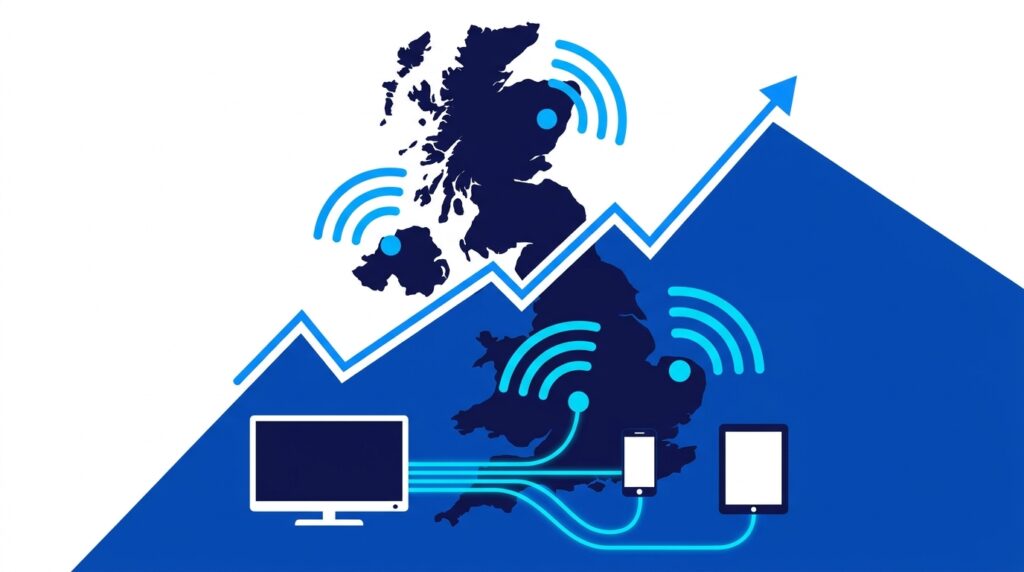 UK IPTV market growth 2026 — infographic showing broadband
streaming replacing satellite TV across the United Kingdom