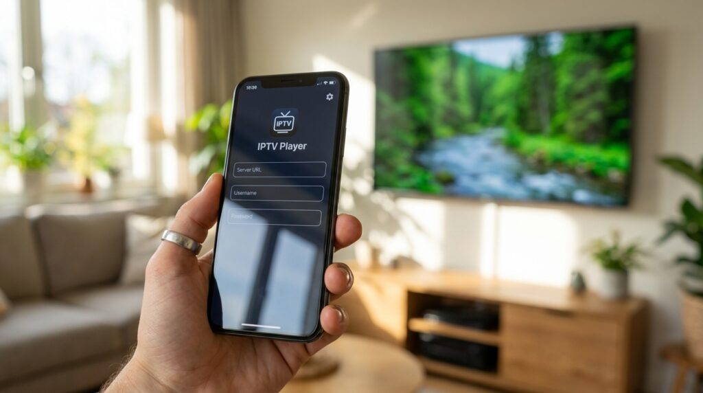 Setting up an IPTV player using Xtream Codes API credentials on a smartphone