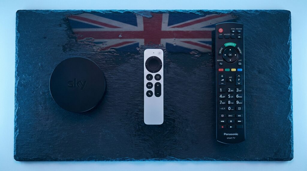 Top licensed UK IPTV service providers 2026 — Sky Stream,
Apple TV 4K and smart TV remotes on a dark surface