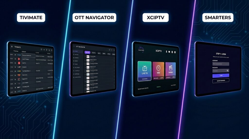 Sleek dark-mode user interface of a premium IPTV player app on a television screen with organized channel categories.
