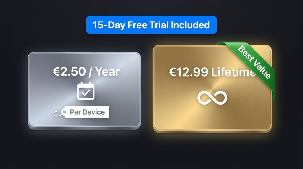 Smart One IPTV pricing 2026 — annual and lifetime license options with 15-day free trial banner