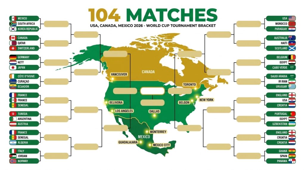 2026 FIFA World Cup expanded format showing 48 teams and 104 matches across North America host cities