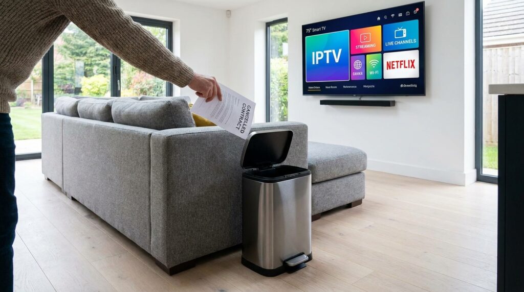 A UK homeowner switching from expensive cable TV to a modern IPTV subscription.