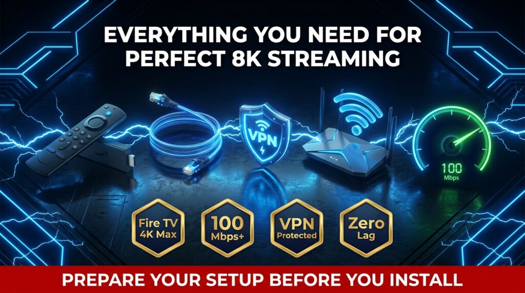 Amazon Firestick 4K Max, ethernet cable, VPN shield and speed test showing hardware and network requirements for 8K IPTV streaming setup