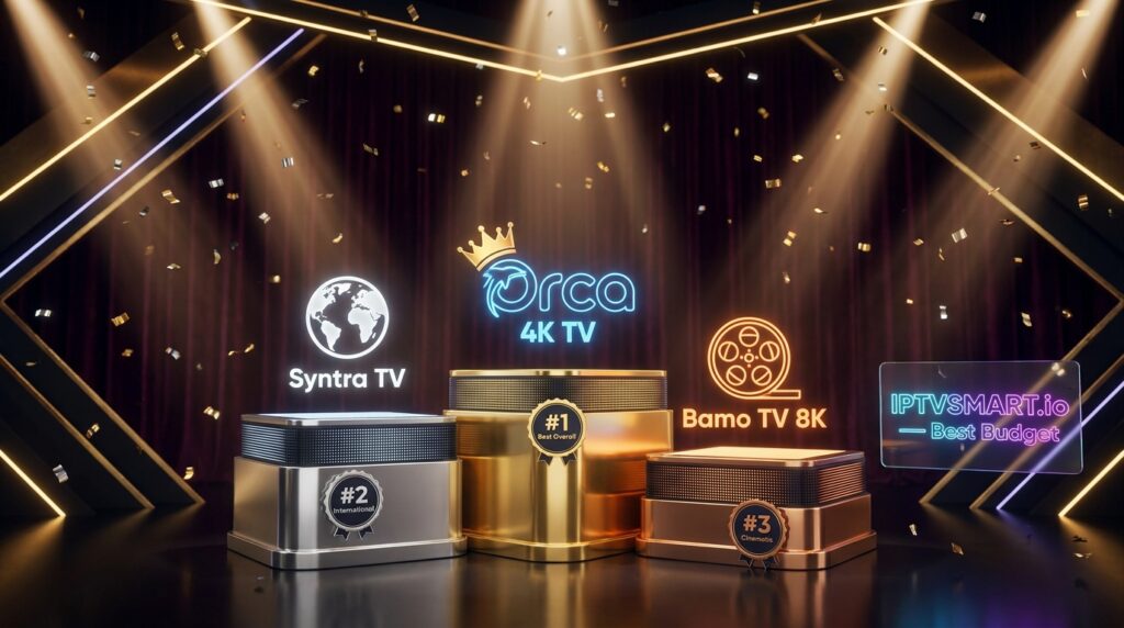 Award podium ranking the top IPTV services for Firestick in 2026
with Orca 4K TV in first place, Syntra TV second, and Bamo TV 8K third