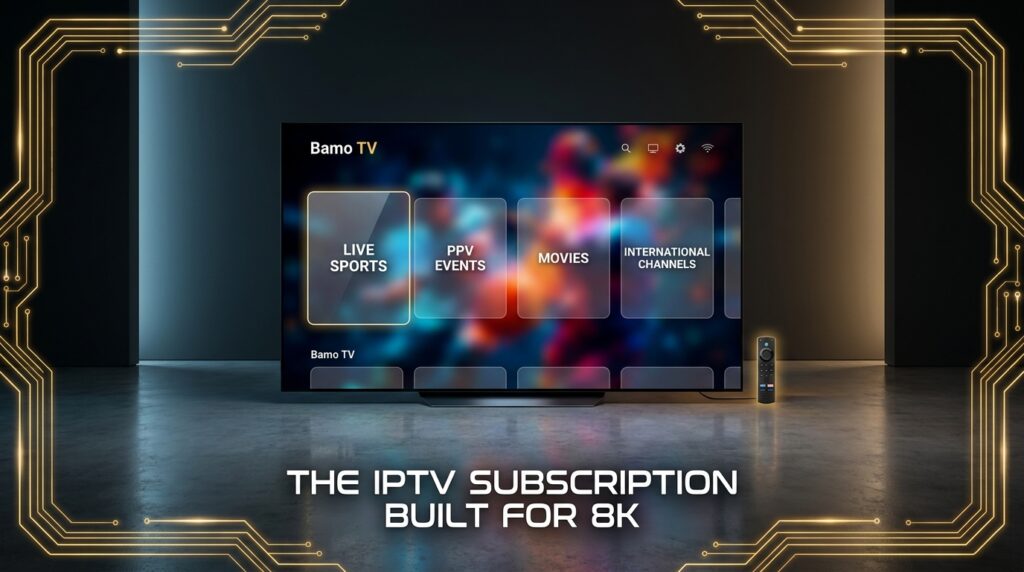 Bamo TV 8K Subscription dashboard showing live sports PPV movies and international channels on 8K OLED TV
