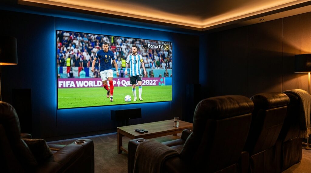 Bamo TV 8K premium IPTV service delivering upscaled 8K World Cup 2026 streaming on a luxury home theater display