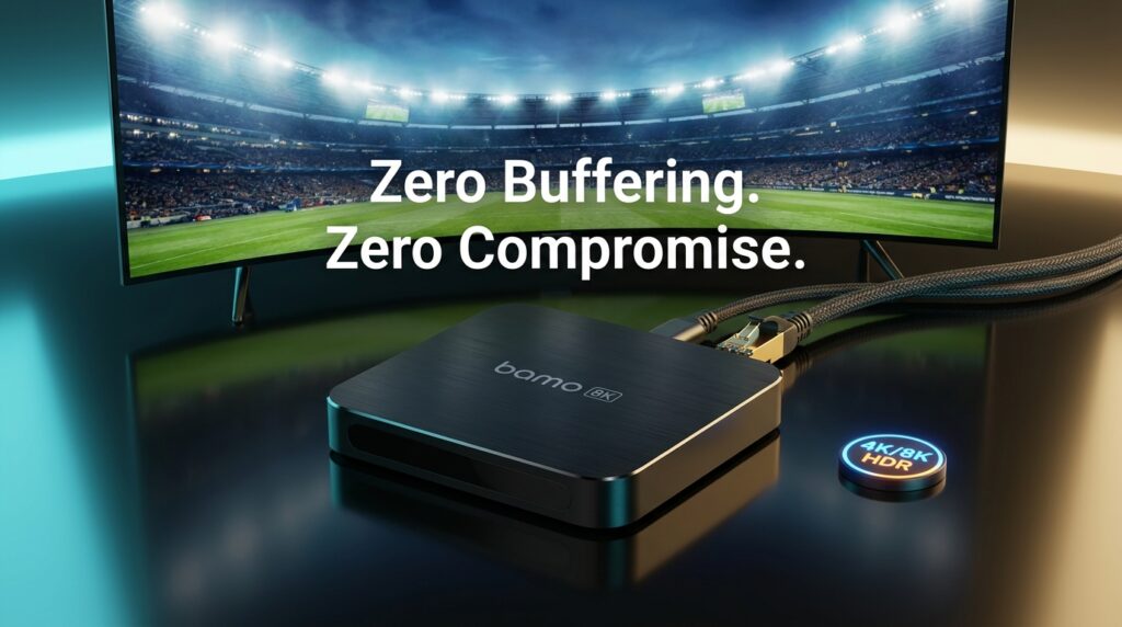 Bamo TV 8K streaming box with Ethernet connection delivering zero buffering 4K HDR World Cup football streams