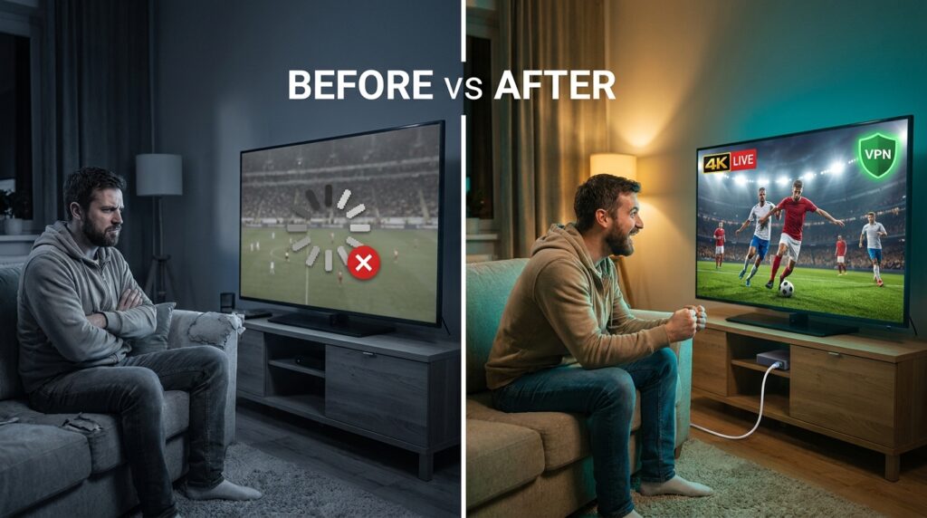 Before and after comparison of IPTV buffering vs IPTV 
without buffering using Ethernet and VPN on Android TV