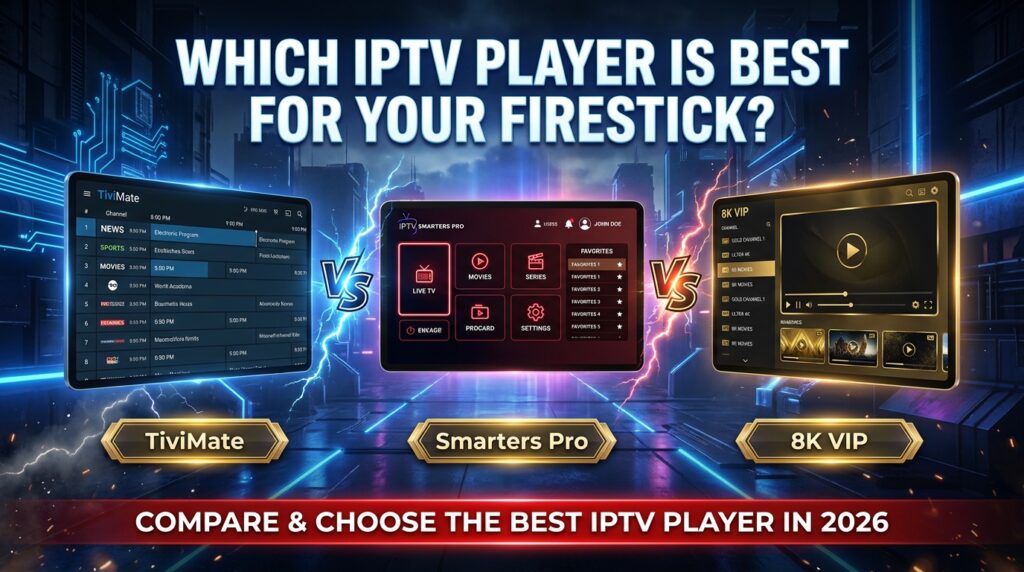  Three IPTV player apps TiviMate, IPTV Smarters Pro and 8K VIP compared side by side on screens showing best options for Firestick streaming