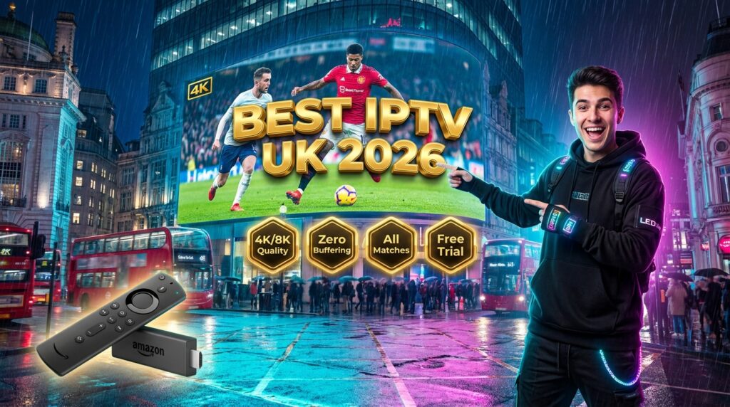 Best IPTV UK 2026 marketing banner showing a man pointing at a World Cup billboard in London with a Firestick.