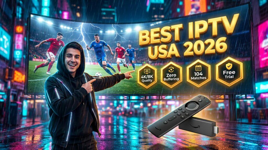 A professional marketing banner for Best IPTV USA 2026 featuring a man pointing at a giant city billboard showing World Cup soccer matches in 4K.