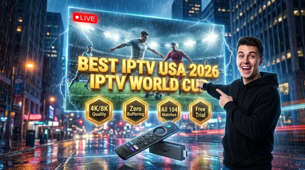 Best IPTV USA 2026 showing the World Cup matches on a giant city billboard with Firestick setup.