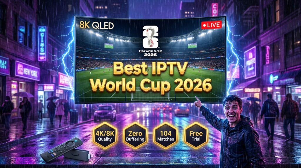 Best IPTV World Cup 2026 streaming setup with 4K live football match on curved TV, Amazon Fire Stick, and zero buffering badges