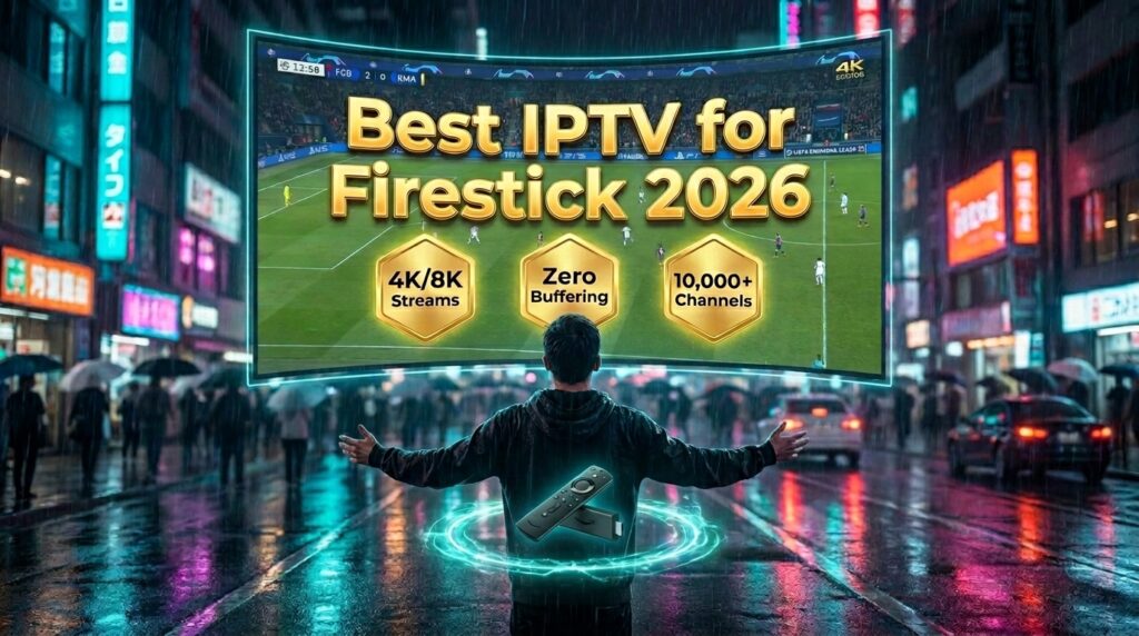Excited man pointing at a glowing Best IPTV for Firestick 2026 billboard on a neon city street with a floating Amazon Firestick and badges showing 4K quality, zero buffering, and 10,000+ channels