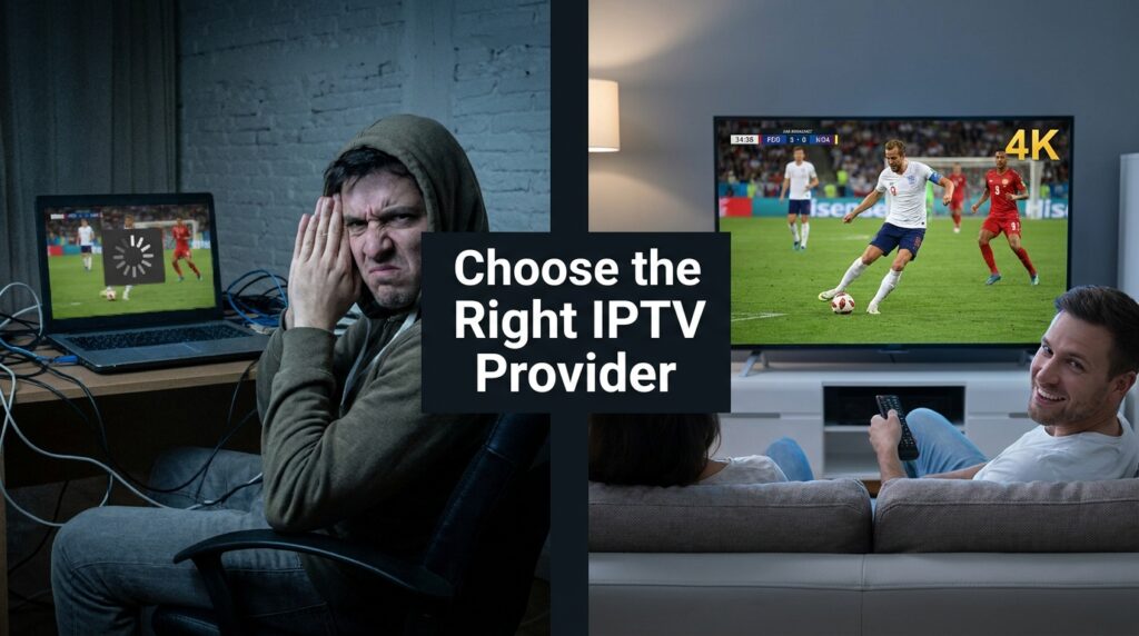Best IPTV provider 2026 comparison showing buffering stream vs crystal clear 4K live football match