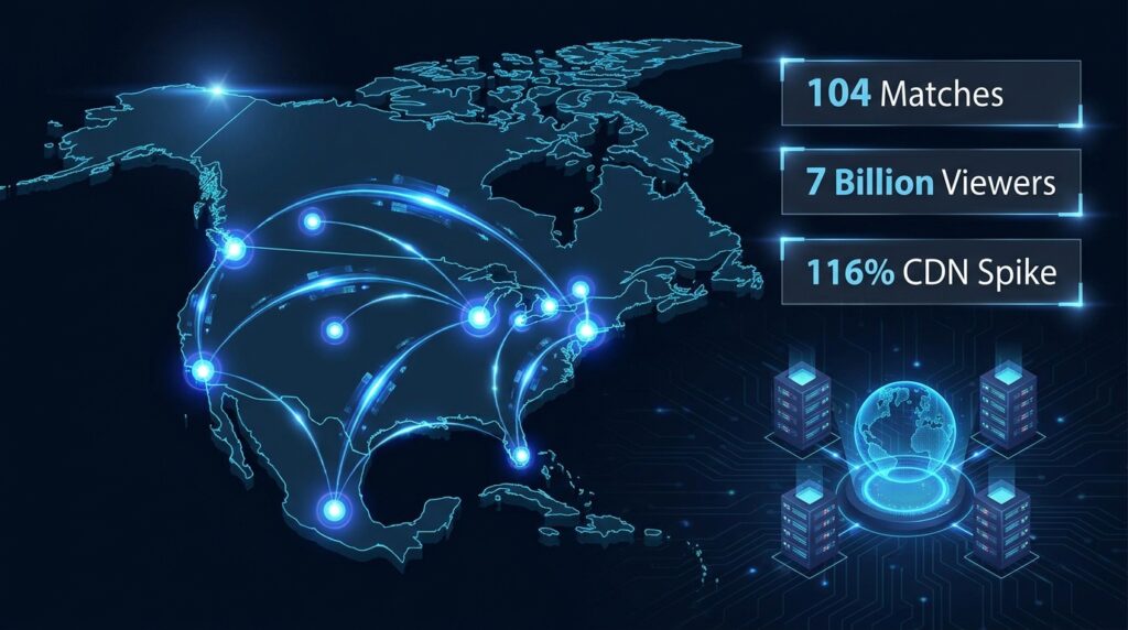 CDN network map showing IPTV infrastructure across USA, Canada and Mexico 
handling 7 billion viewers for World Cup 2026