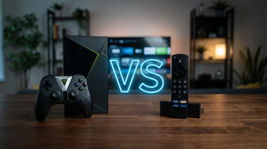Comparison between Nvidia Shield Pro and Amazon Firestick hardware for streaming.