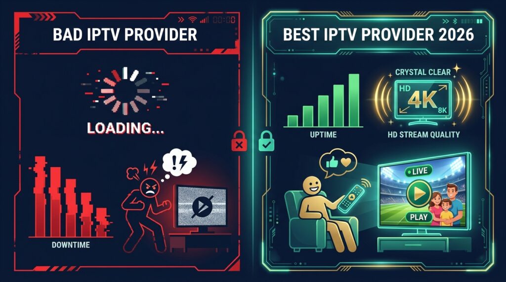 Comparison infographic showing why choosing the right IPTV provider in 2026 matters — uptime, stability, and stream quality