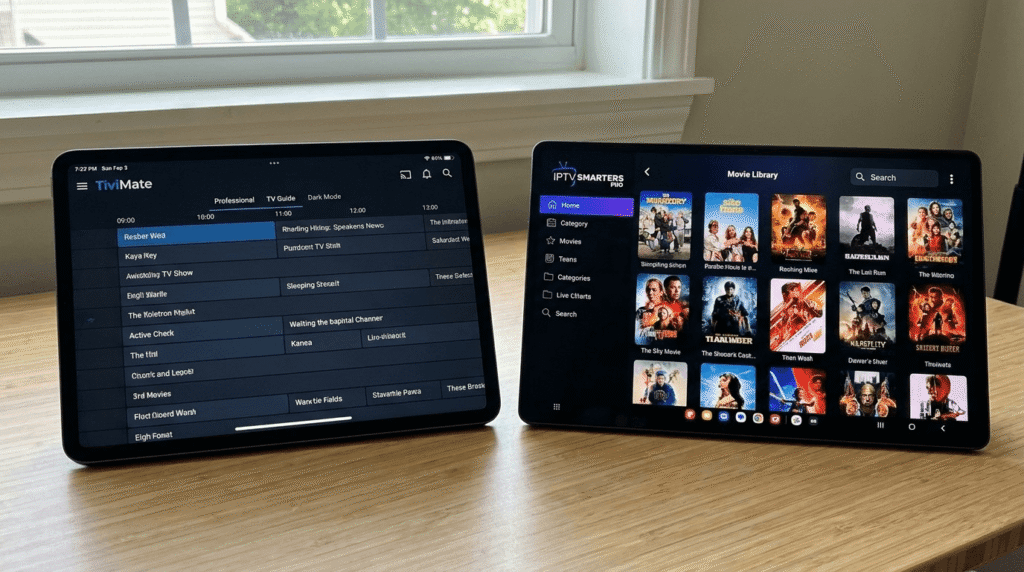 Comparison of TiviMate and IPTV Smarters Pro player interfaces on mobile devices.