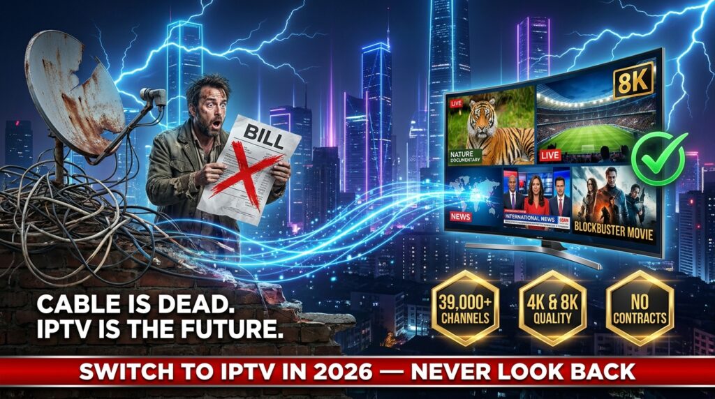 Comparison of cable TV vs IPTV subscription in 2026 showing why switching to a premium IPTV provider saves money and unlocks 8K quality