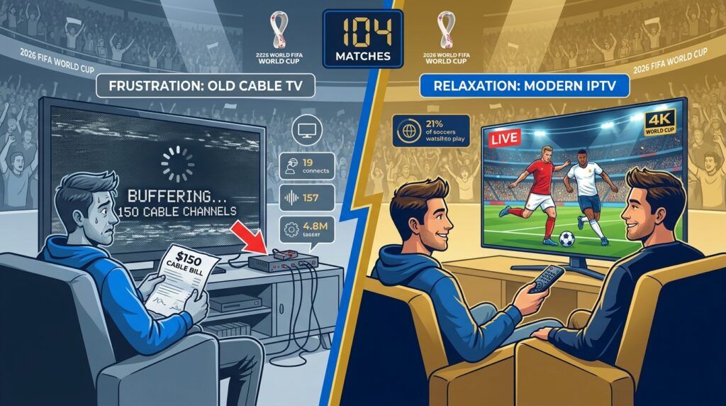 Comparison of expensive cable TV buffering versus smooth 4K IPTV streaming 
for World Cup 2026 with 104 matches