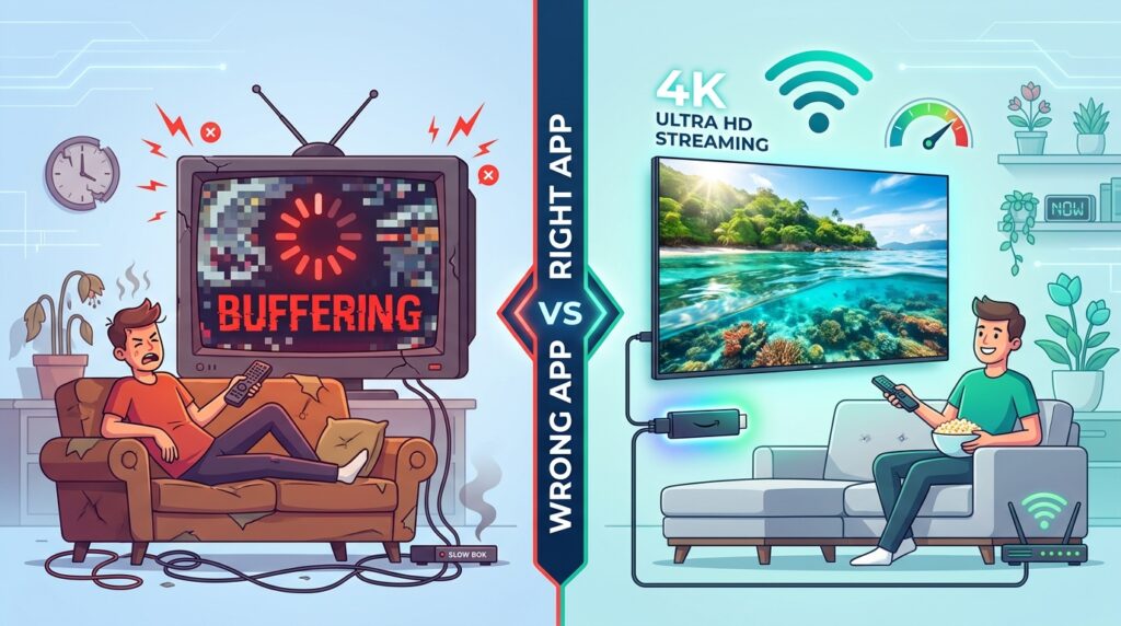 Comparison showing IPTV buffering with wrong app vs smooth 4K streaming with the best IPTV player on Firestick