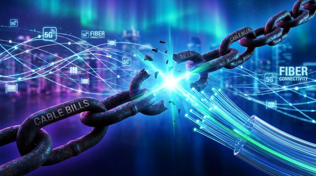 Concept of breaking expensive cable contracts for fast fiber IPTV streaming.