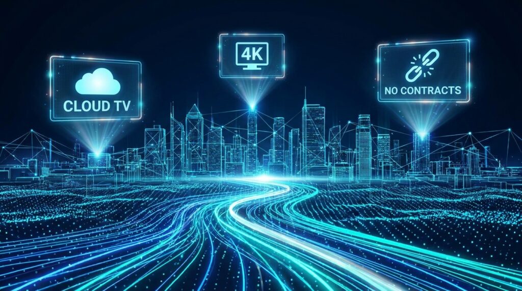 Conceptual 3D illustration showing internet-based OTT IPTV data streams.
