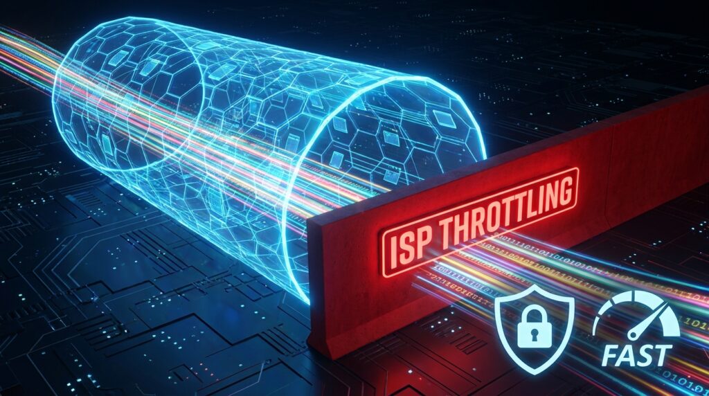 Conceptual illustration of a VPN preventing ISP throttling during high-traffic sports events.