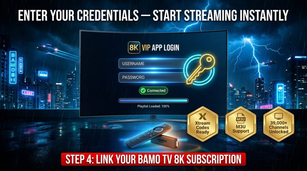 8K VIP IPTV app on Firestick showing login credentials screen to configure Bamo TV 8K subscription with username password and server URL