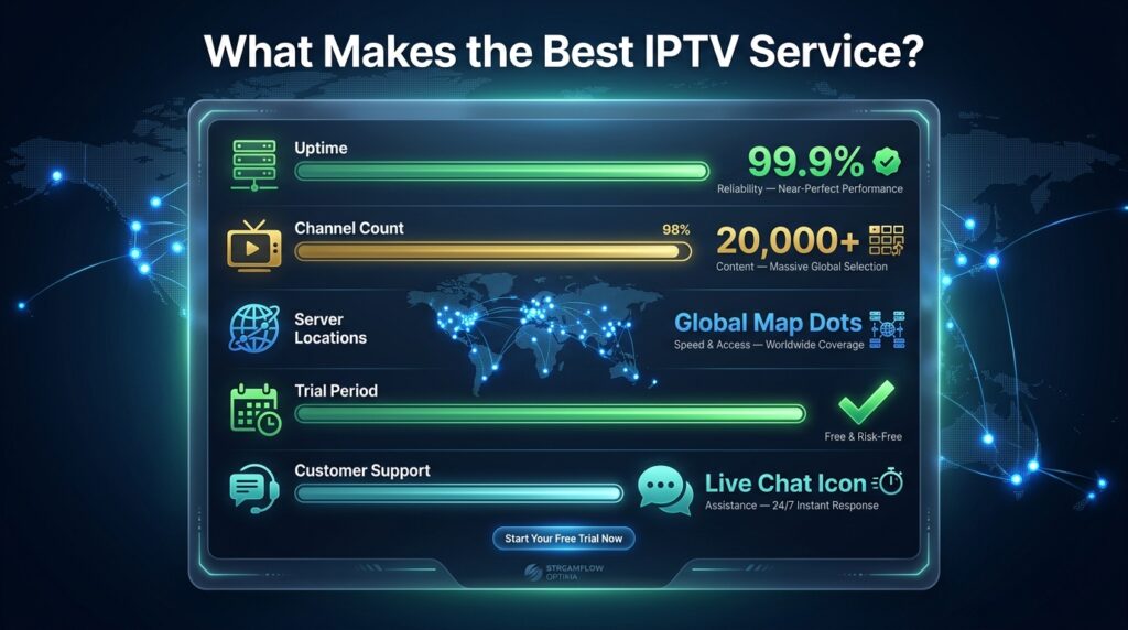 Criteria checklist for choosing the best IPTV service in 2026 including uptime, channel count, server locations and free trial
