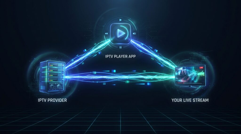 Diagram showing how an IPTV provider connects through a best IPTV player app to stream live TV on Android TV