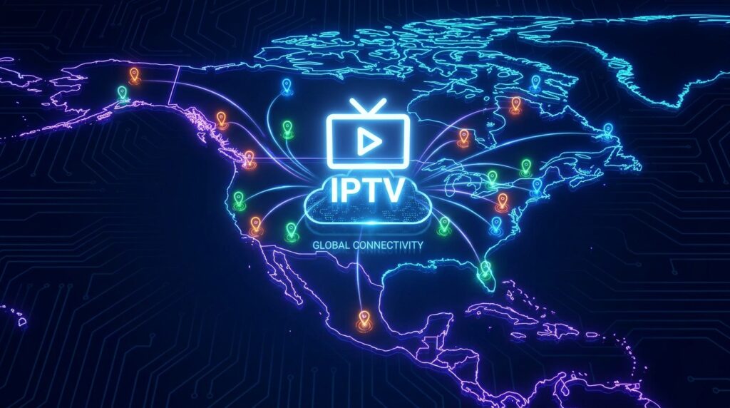 Digital map of 2026 World Cup host cities and fragmented global broadcast logos.