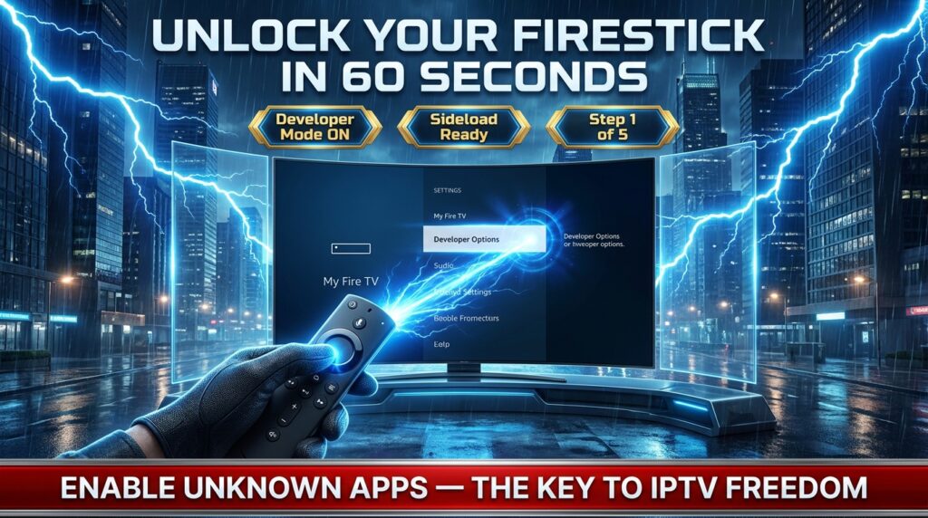 Hand holding Firestick remote pointing at TV screen showing Developer Options menu enabled for sideloading IPTV apps in 2026