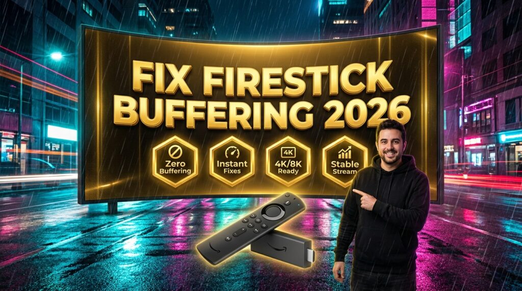 Firestick IPTV buffering guide featuring a neon city and streaming hardware.