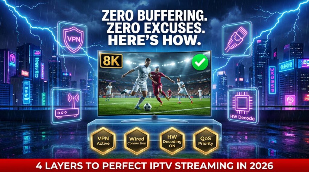 Four technical solutions for IPTV without buffering including VPN shield, ethernet cable, hardware decoding and QoS router settings on Firestick