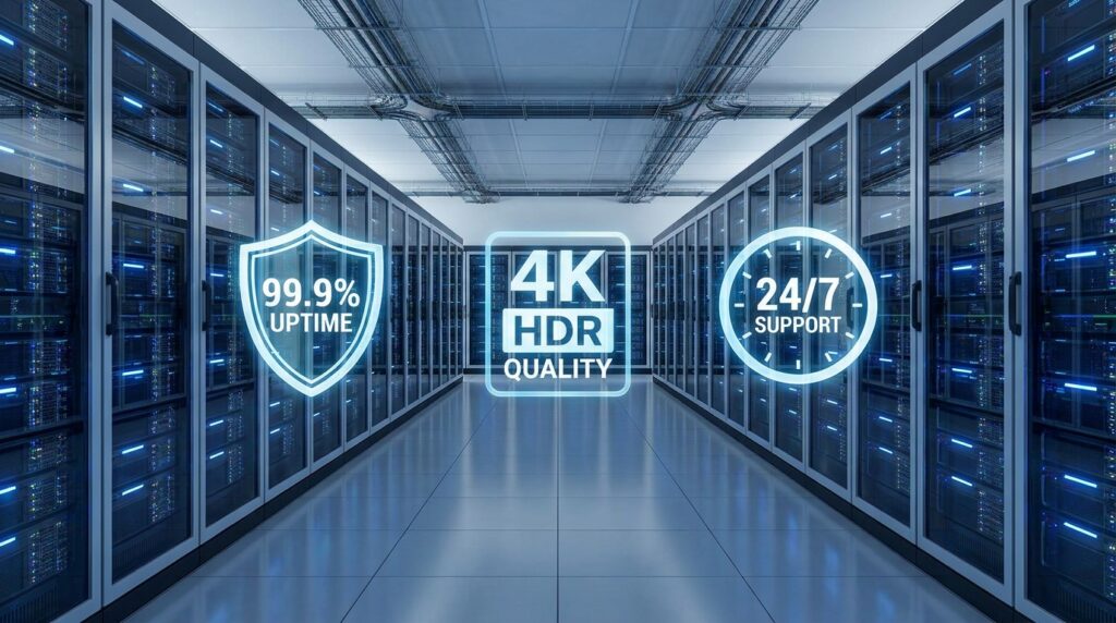 High-tech server infrastructure representing a reliable IPTV provider network.